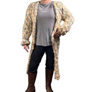 Handmade crochet cardigan duster chunky knit wool yarn neutral women's M